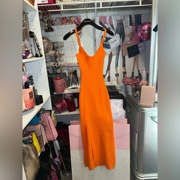 π Vibrant Orange Ribbed Bodycon Midi Dress w/ Side Slit β Sexy & Chic - Picture 3 of 5